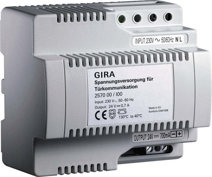 GIRA 257000. Colore prodotto: Grigio. Tensione di ingresso CA: 230 V, Frequenza di ingresso CA: 50 Hz, Tensione di uscita CC: 2