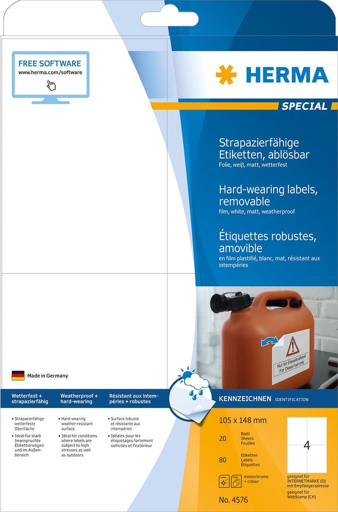 HERMA 4576 Rimovibile Bianco 80pezzoi etichetta autoadesiva (HERMA Special - etiketter - mat - 80 e)