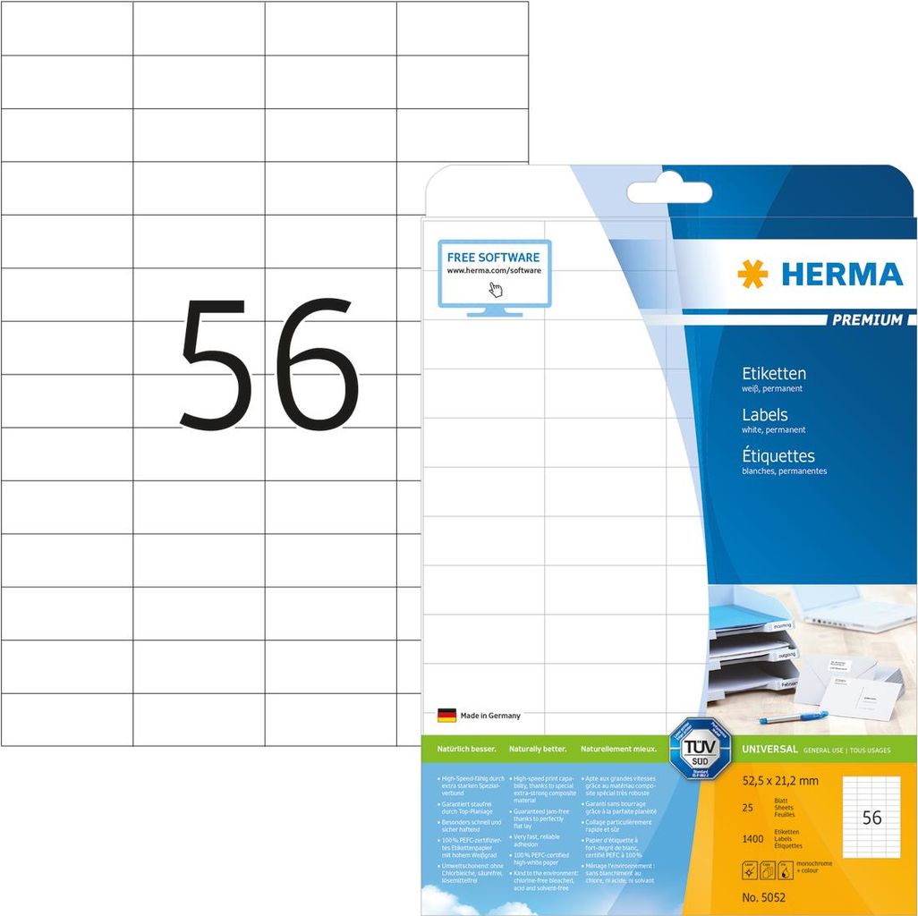 HERMA 5052 etichetta autoadesiva Rettangolo Permanente Bianco 1400 pz (HERMA Premium - laminerede etiketter -)