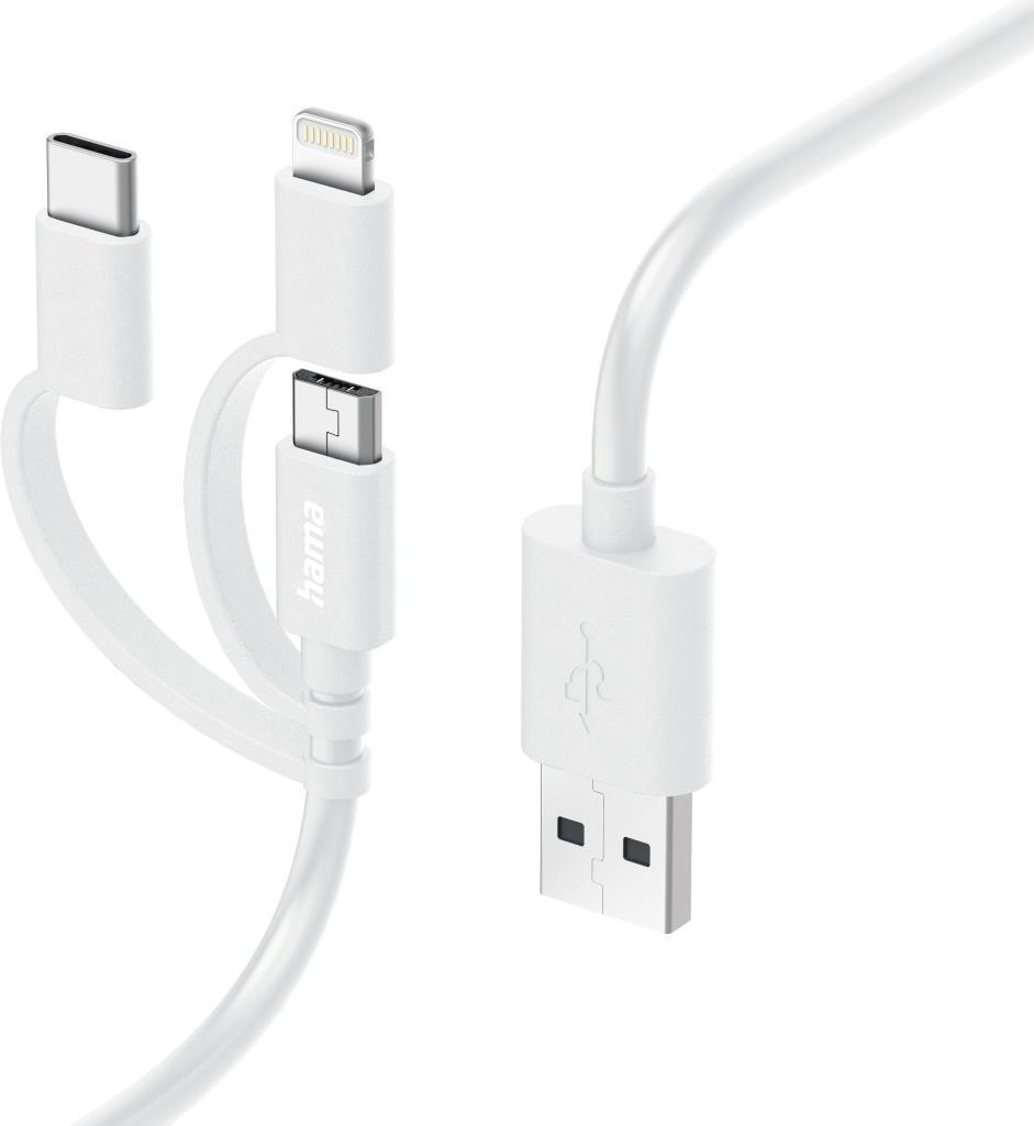 Hama 3-in-1 Multi Charging Cable - USB-A to USB-C/Micro USB/Lightning, Quick Charge, 1 Metre, White