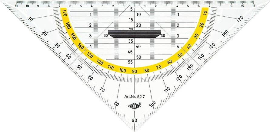 WEDO Geodreieck, Hypotenuse 250 mm, mit abnehmbarem Griff aus Kunststoff, transparent, mit Facetten, Maßskala gelb (52 7)