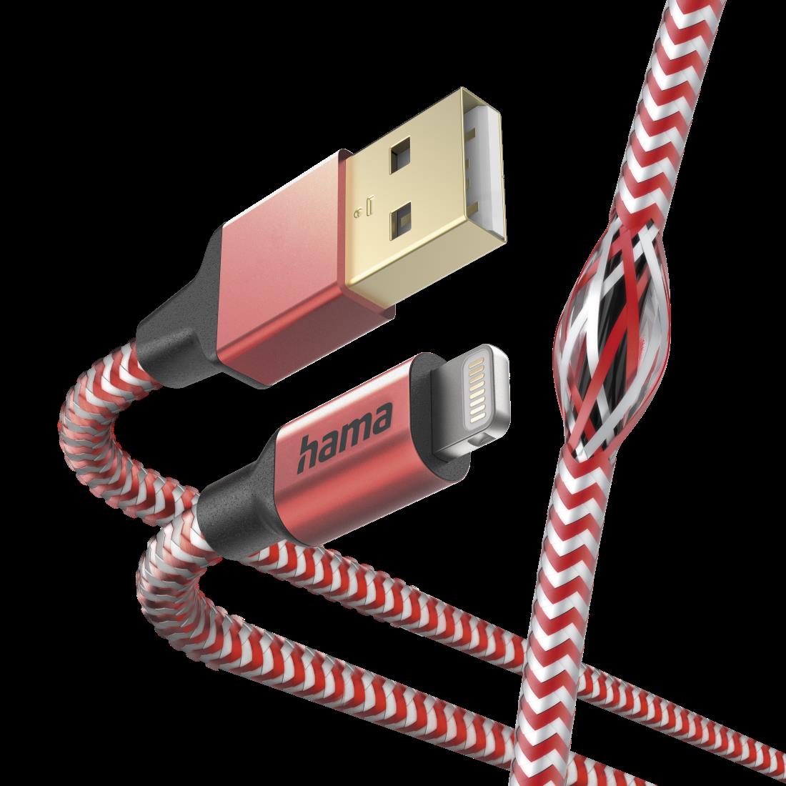 Hama Reflective 1,5 m Rosso (Hama Reflective Charging USB-A to Lightning Cable, 480Mbps, Nylon Sheath, Gold-Plated, 1.5 Metre,