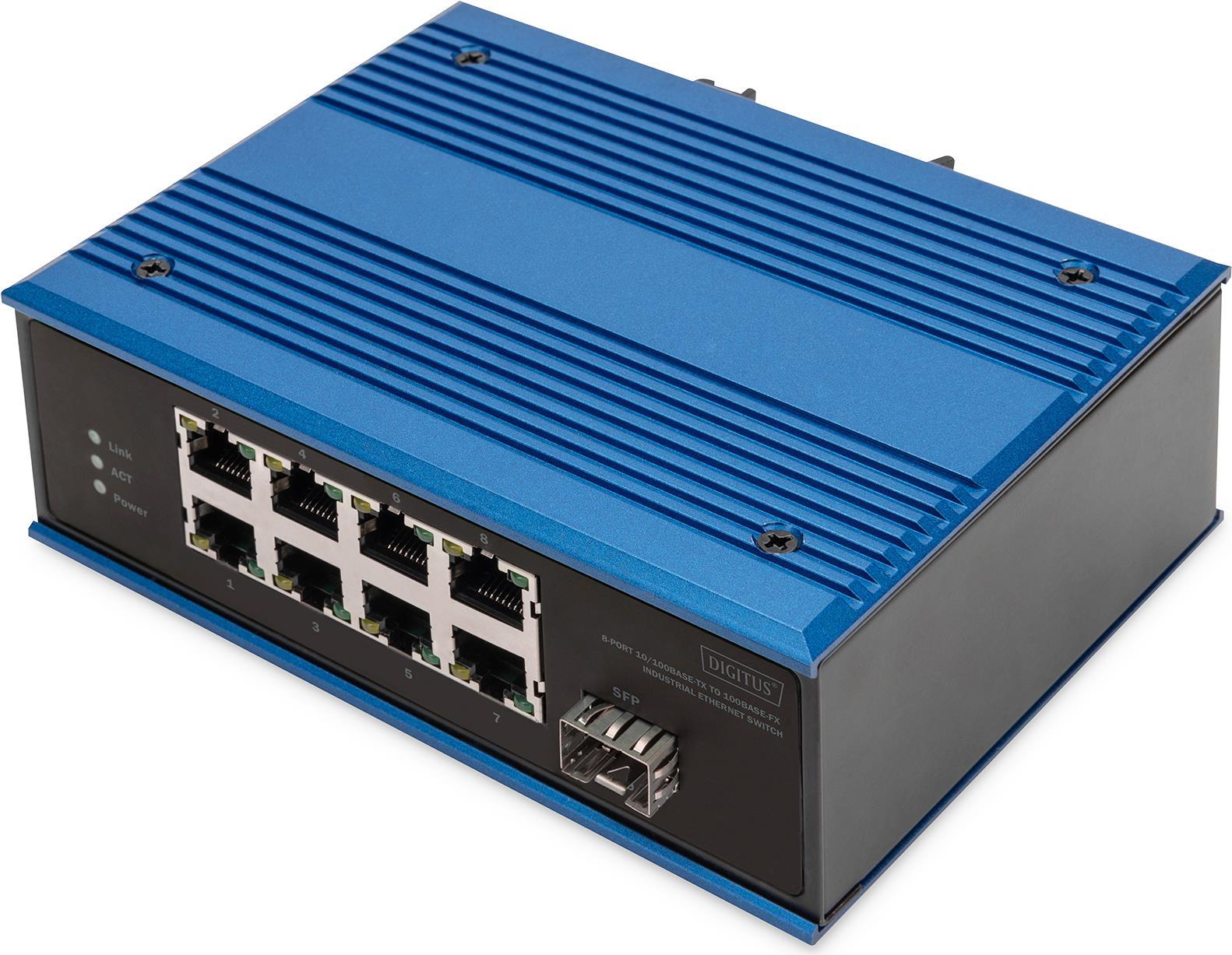 DN-651132 è uno Switch Fast - Ethernet con 4 porte 10/100 Mbps RJ45 1 porta 100Mbps base-FX.Lo Switch industriale ha una tempe