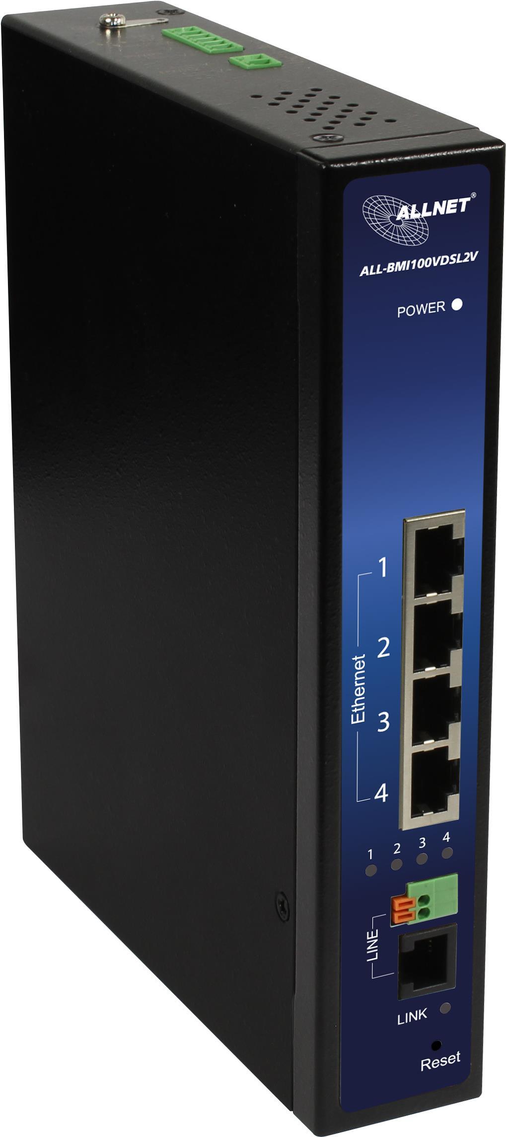 Industrial VDSL2 Bridge-Modem mit integriertem 4-fach 10/100/1000 Mbps Switch Temperaturbereich -20 Grad bis 70 Grad Hutschie