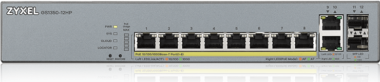 SWITCH ZYXEL GS1350-12HP NebulaFlex Switch Managed per CCTV 8p Gigabit PoE (130W) 2p SFP 2p Gigabit Uplink MngCloud 1Y