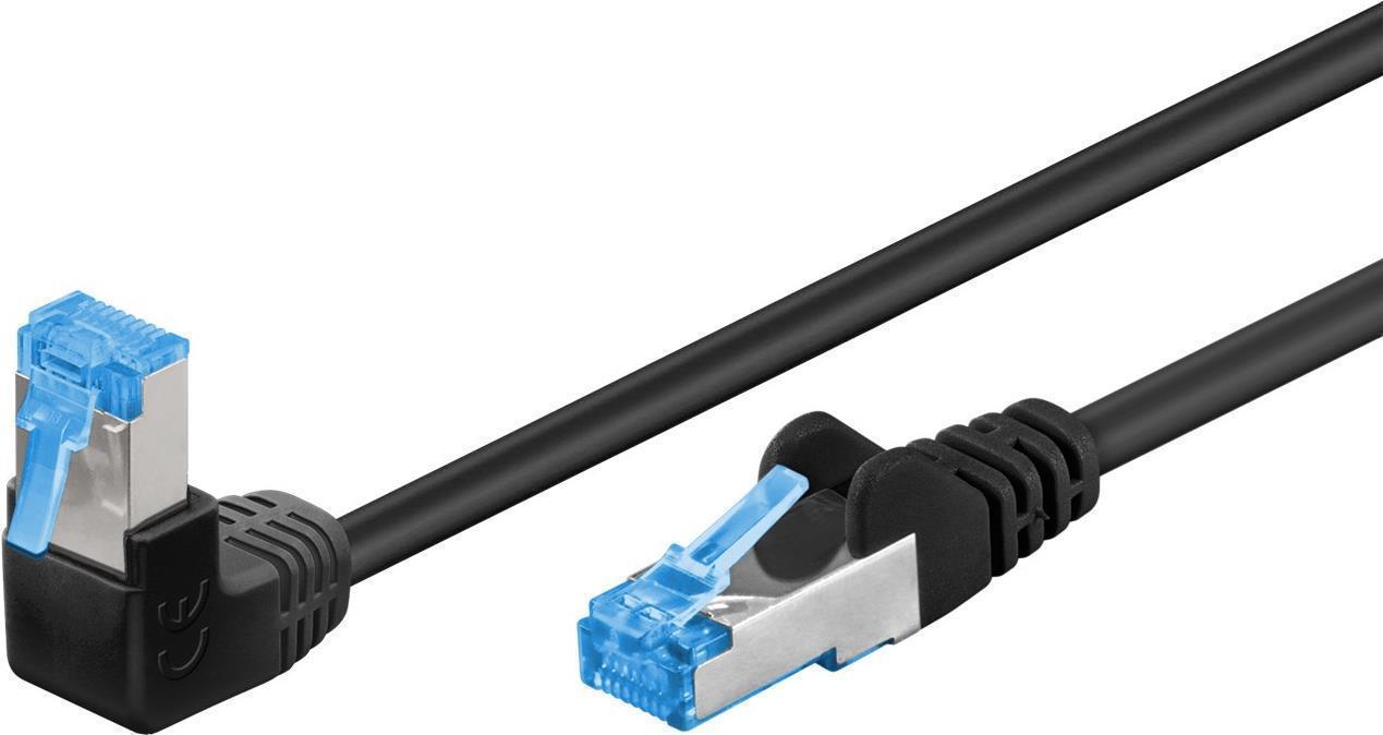 CAT 6A patchcable 1x 90ÃÂ°angled, S/FTP (PiMF), black, 3 m - latch on top, LSZH halogen-free, copper