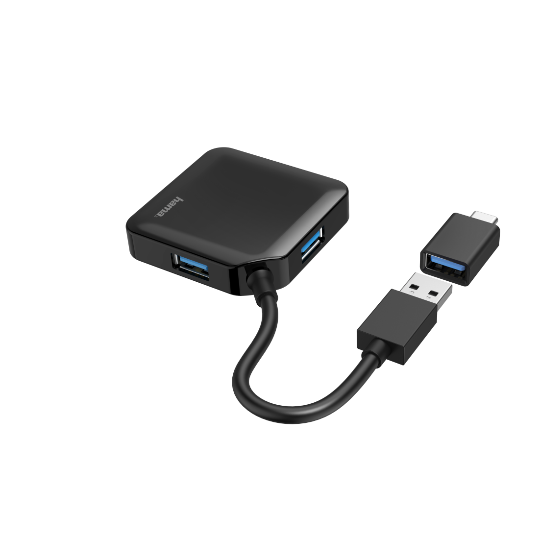 Hama Hub USB 3.0 da tavolo, 4 porte, cavo integrato con adattatore Type C,nero (Hama External 4-Port USB 3.2 Gen 1 Hub, USB Pow