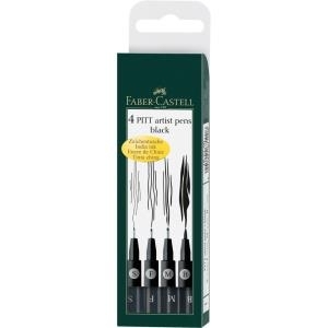 FABER-CASTELL PITT artist pen, schwarz, 4er Etui (S,F,M,B) Tuschestift mit pigmentierter Zeichentusche hoch licht- (167100)