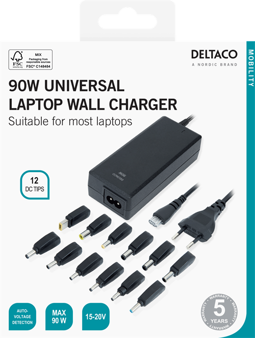 Deltaco SMP-90W12 adattatore e invertitore Interno 90 W Nero (DELTACO notebook charger, 15-20 V, 6 A)