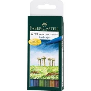 FABER-CASTELL PITT artist pen, 6er Etui - Landscape Tuschestift mit Pinselspitze (Brush), Strichstärke: 1-5 mm (167105)