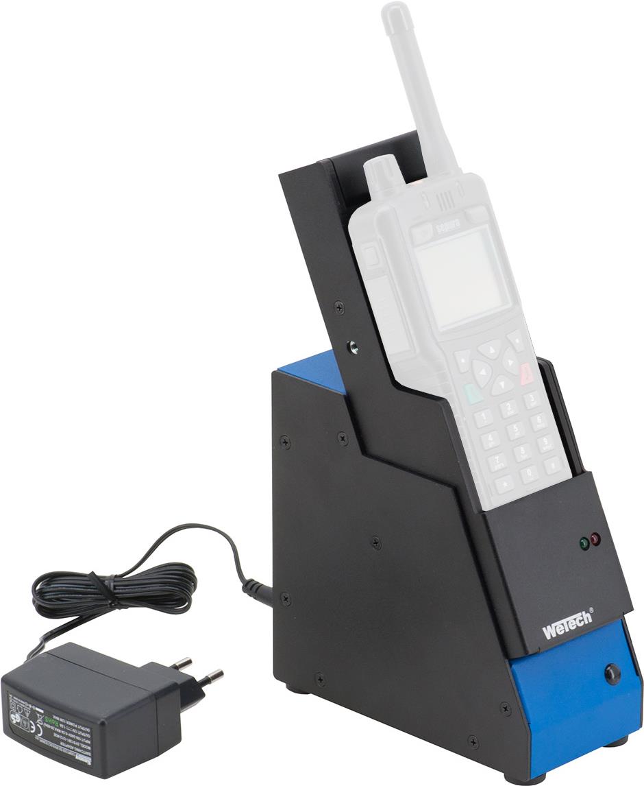 WeTech 1-fach Tischladestation mit Antennenanschluss, für Sepura STP8/9000 mit BNC(f)-Antennenanschluss auf der Rückseite, inkl. Netz-teil 100 - 240 V AC (DC-621BNC)