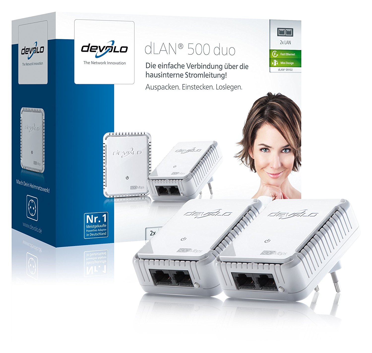 Devolo dLAN 500 duo - Starter Kit - Bridge - HomePlug AV (HPAV) - an Wandsteckdose anschließbar (Packung mit 2)