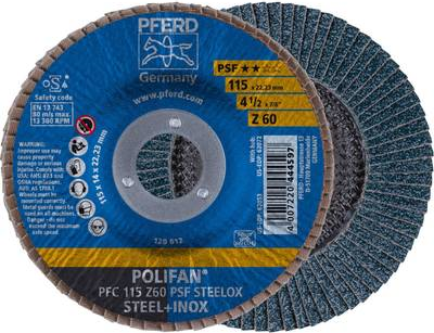 PFERD Lamellenschleifscheibe K.60ZK D.115mm kon. f.Stahl/Inox Bohrung 22,23mm (PFC 115 Z 60 PSF/22,23)