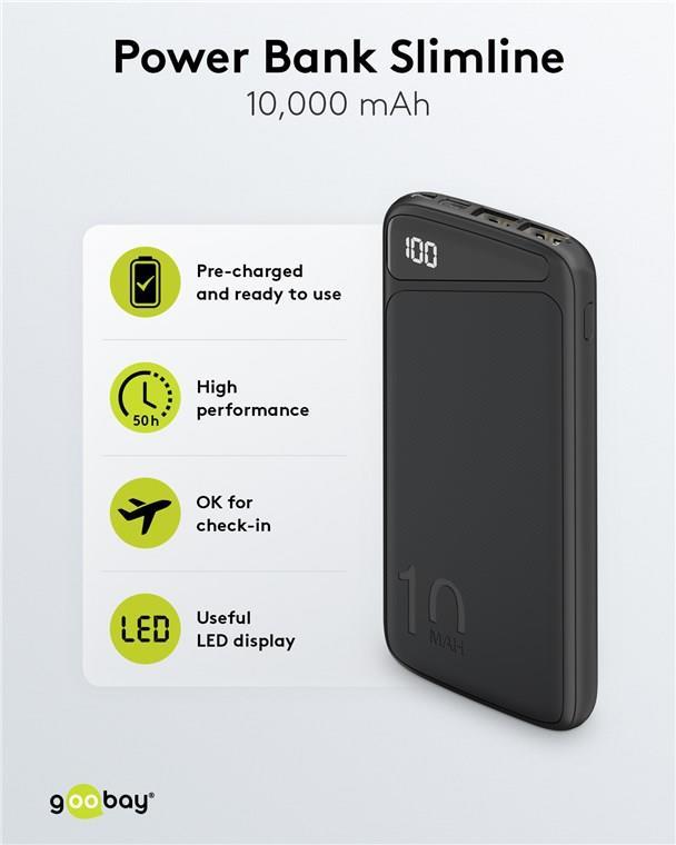 Power Bank Slimline 10.000 mAh - Potente 10.000 mAh con display di stato