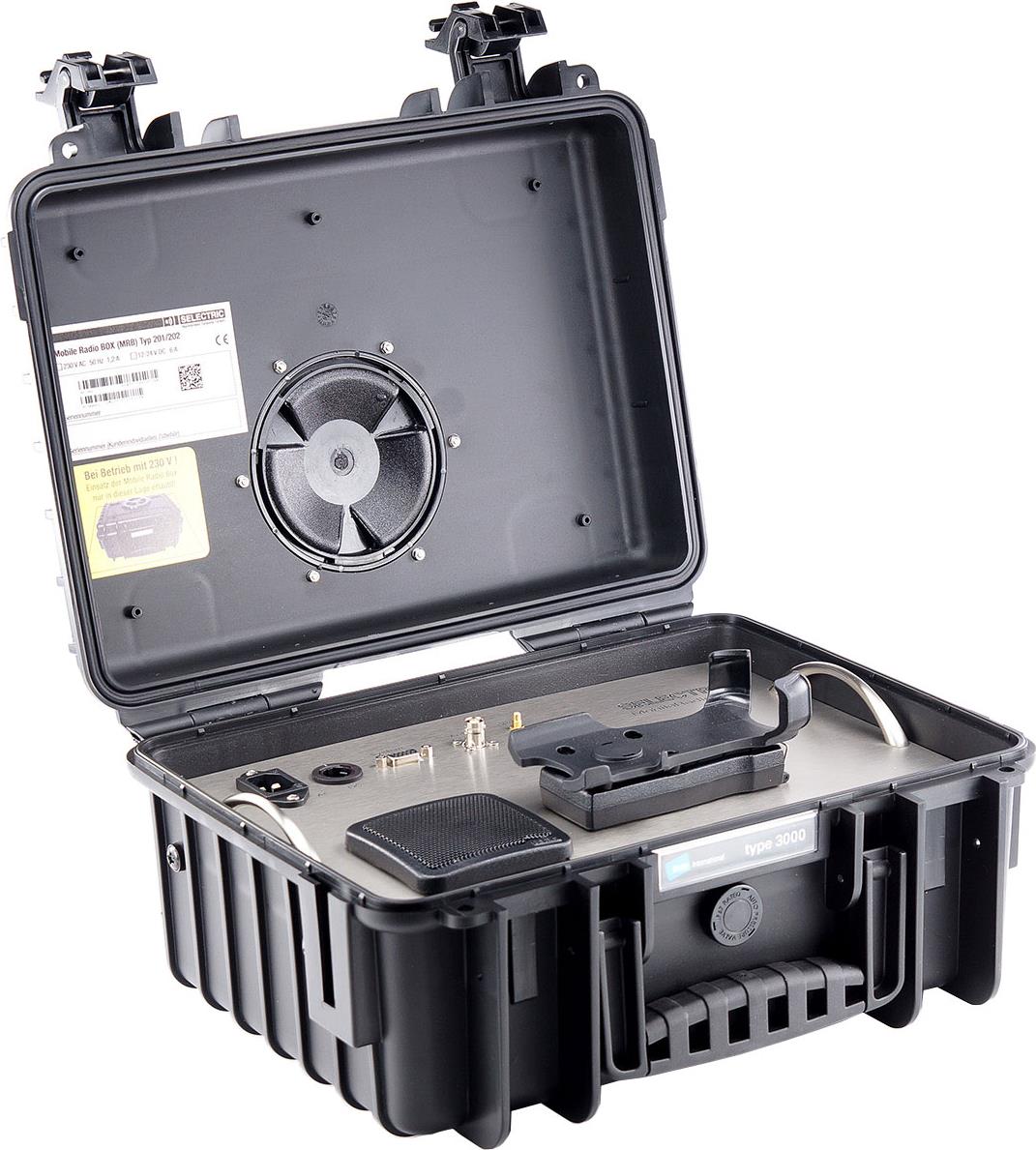 SELECTRIC MRB201 Kunststoff-Koffer für SRG3900, für HBC SRG3900, HBC/HBC2 und Antenne(n) bitte separat bestellen!Mobile Radio BOX, einsatzbereit vorgerüstet zum Einbau einesSRG3900 mit HBC. Anschlüsse: 12/24 V=, 230V~, GPS (SMC(m)),TETRA (BNC(f)), CO